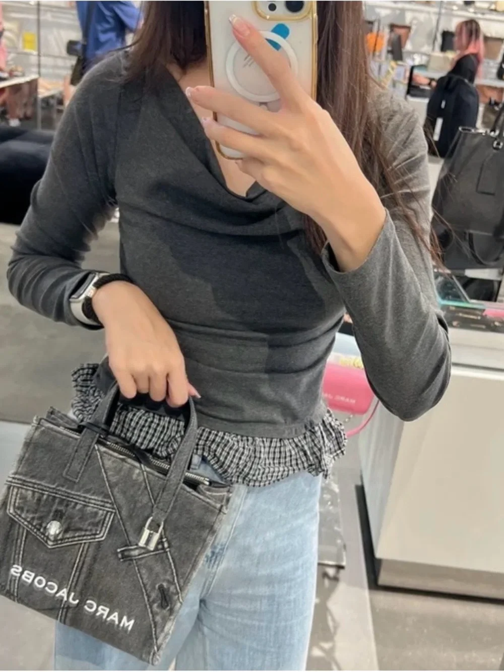 Marc Jacobs Black Gray Denim Small Messenger Tote with Crossbody Strap